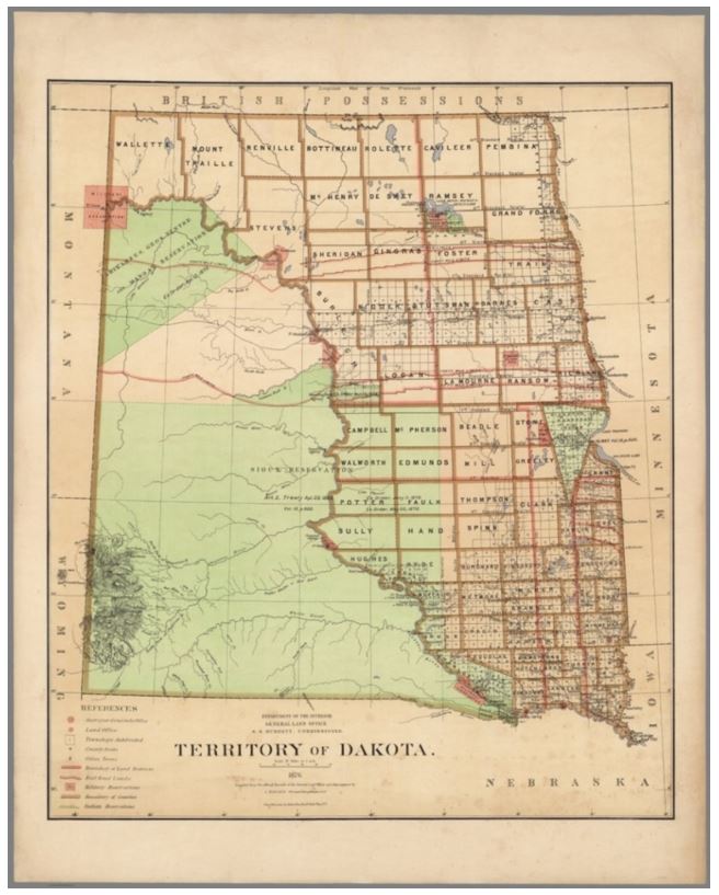 The map below, created by the U.S. General Land Office in 1876, shows part of the Sioux Reservation in green (pursuant to the 1868 Treaty of Fort Laramie) before allotment.