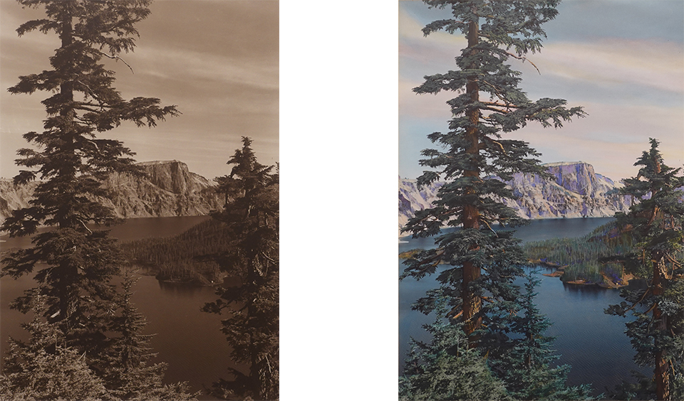Side-by-side identical images of Crater Lake National Park from the 1940s; one in sepia tone and one hand-tinted