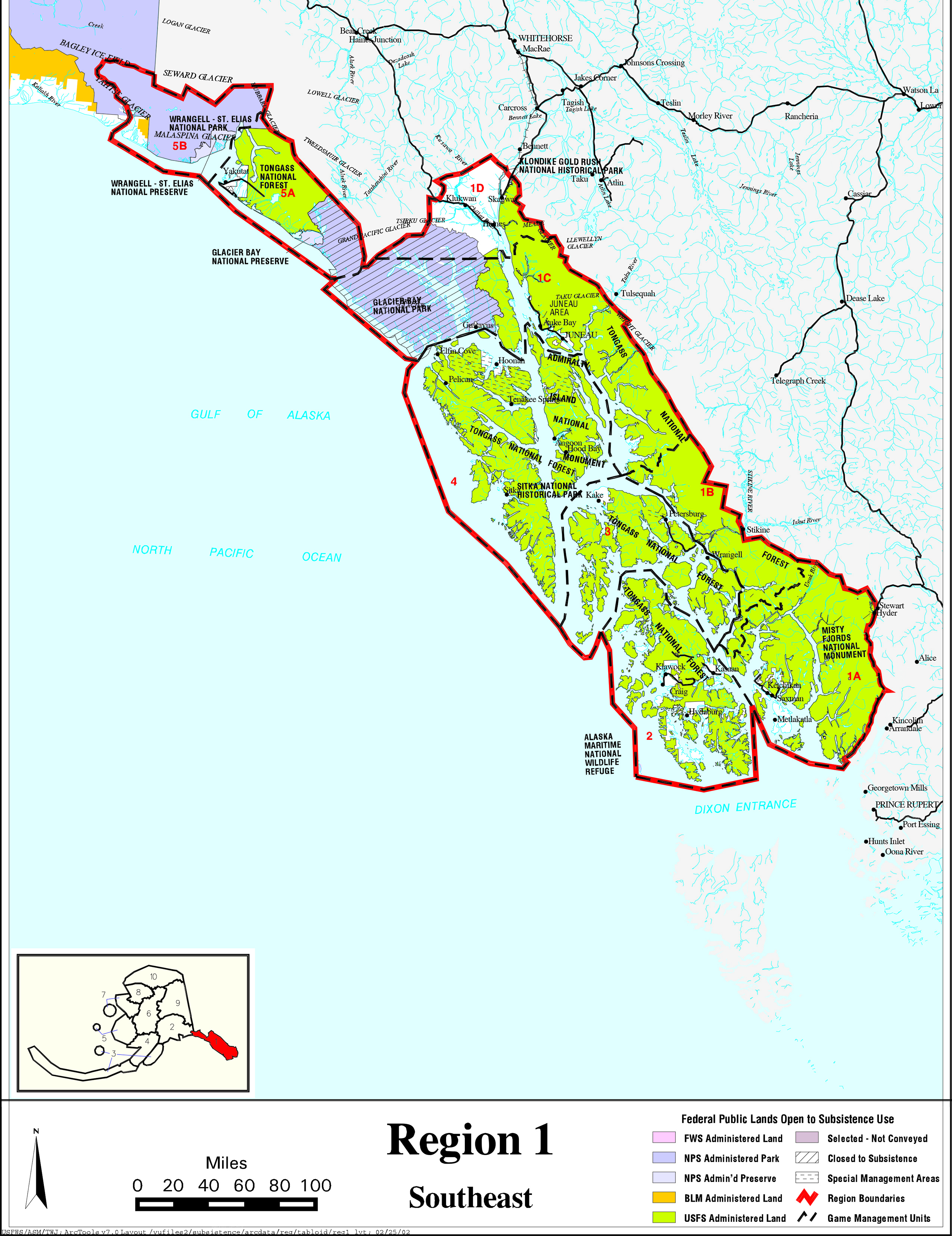 ​​​​Map showing the boundaries of the Southeast Alaska Federal Subsistence Resource Region, including communities listed previously on this page. Federally managed lands are shown, by agency. For assistance call (800) 478-1456.