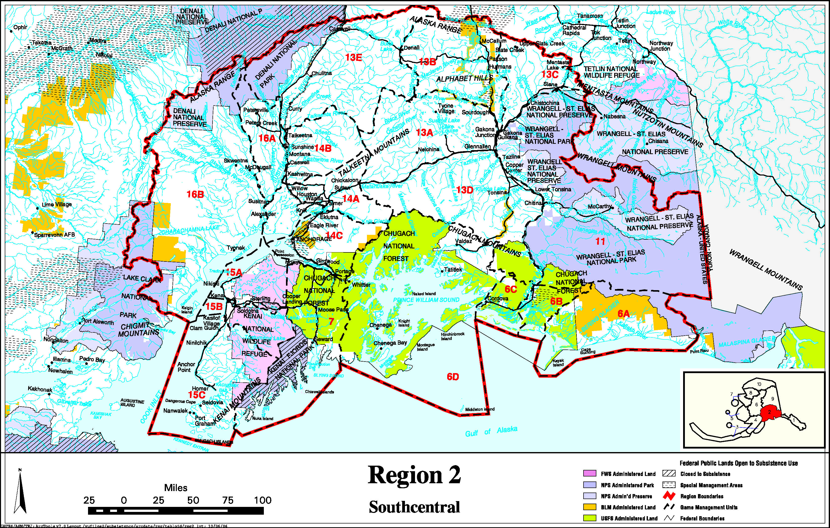 Map showing the boundaries of the Southcentral Alaska Federal Subsistence Resource Region, including communities listed previously on this page. Federally managed lands are shown, by agency. For assistance call (800) 478-1456.