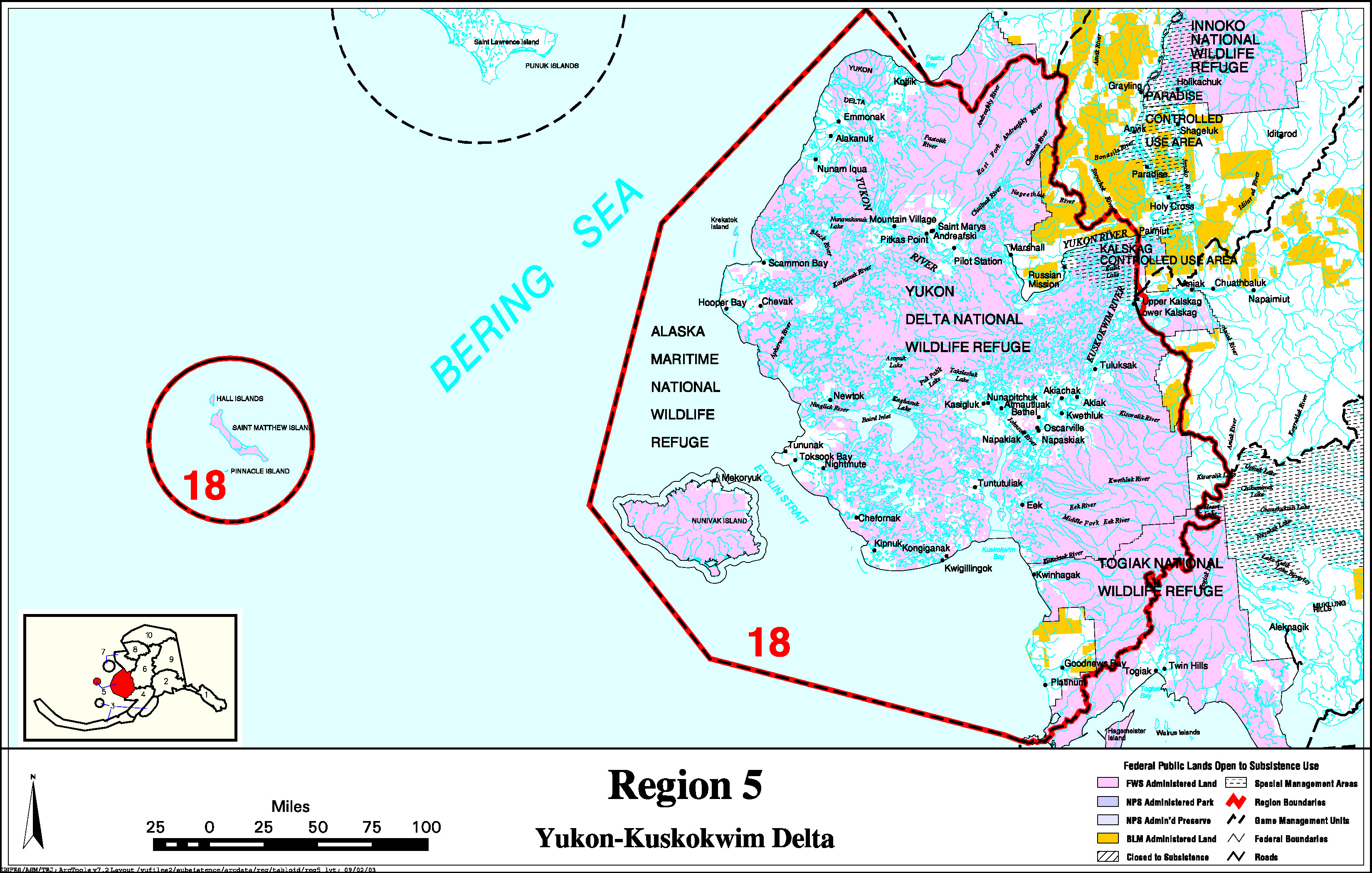 Map showing the boundaries of the Yukon-Kuskokwim Delta Federal Subsistence Resource Region, including communities listed previously on this page. Federally managed lands are shown, by agency. For assistance call (800) 478-1456.