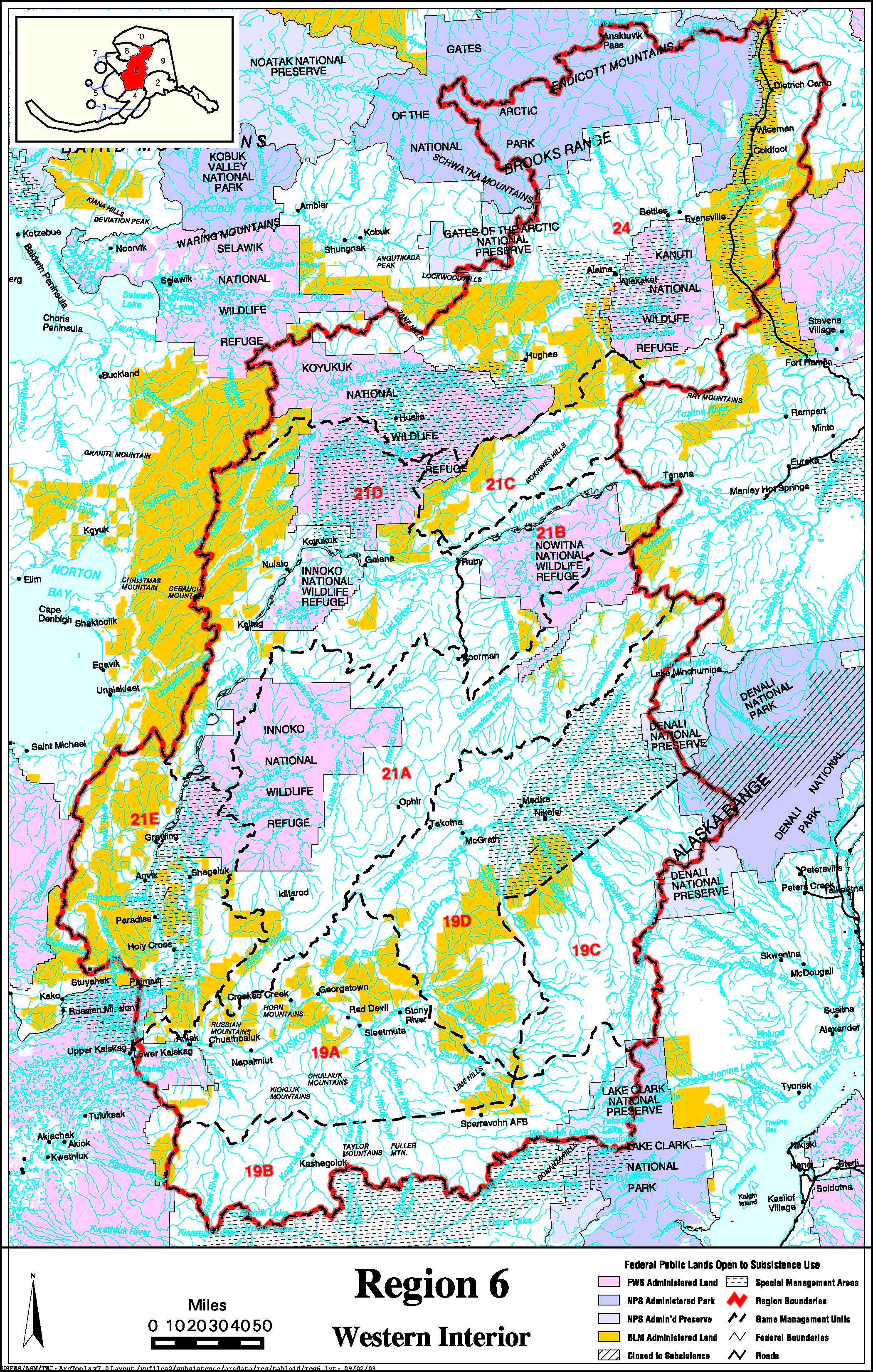 Map showing the boundaries of the Western Interior Federal Subsistence Resource Region, including communities listed previously on this page. Federally managed lands are shown, by agency. For assistance call (800) 478-1456.