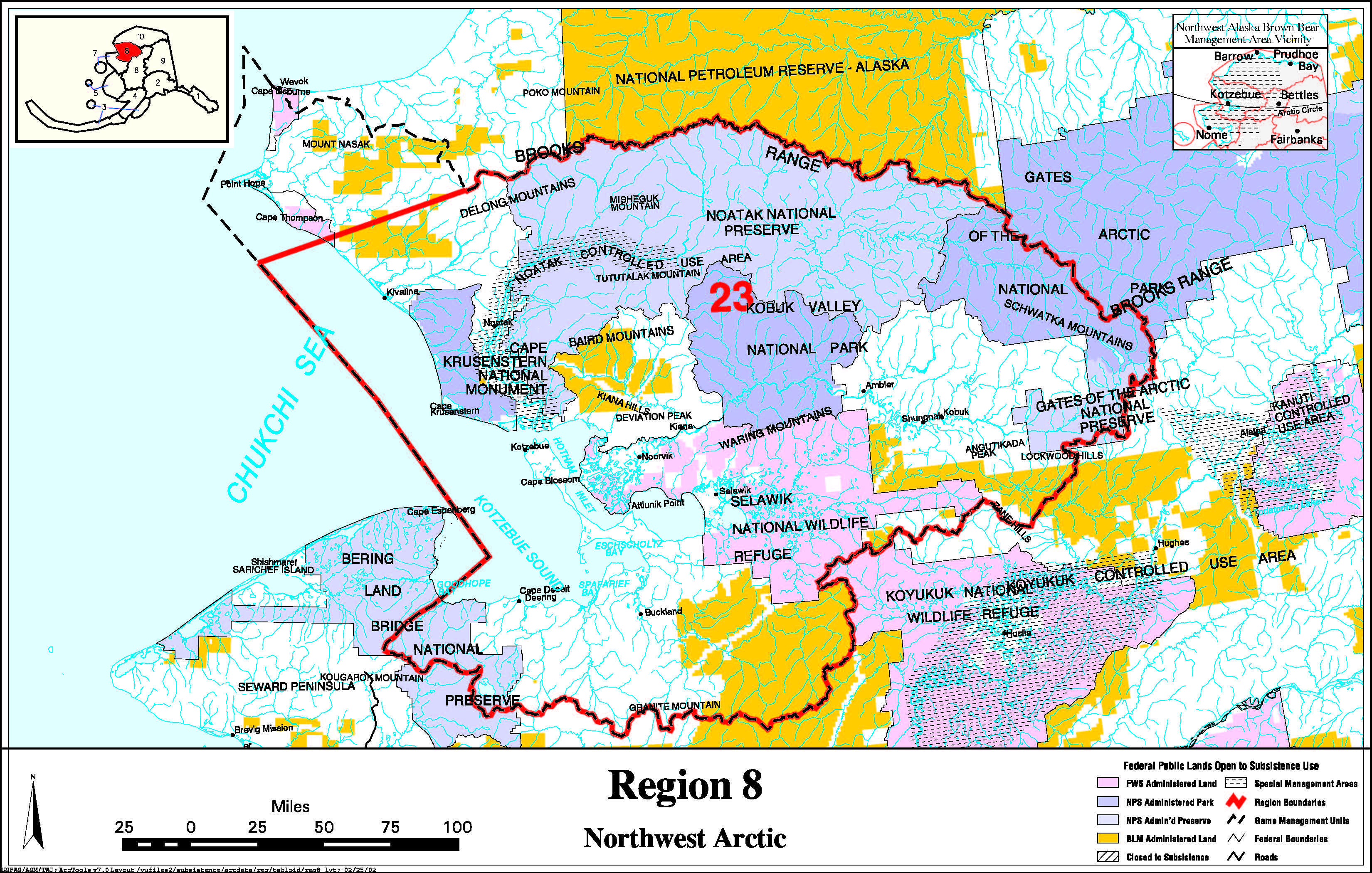 Map showing the boundaries of the Northwest Arctic Federal Subsistence Resource Region, including communities listed previously on this page. Federally managed lands are shown, by agency. For assistance call (800) 478-1456.