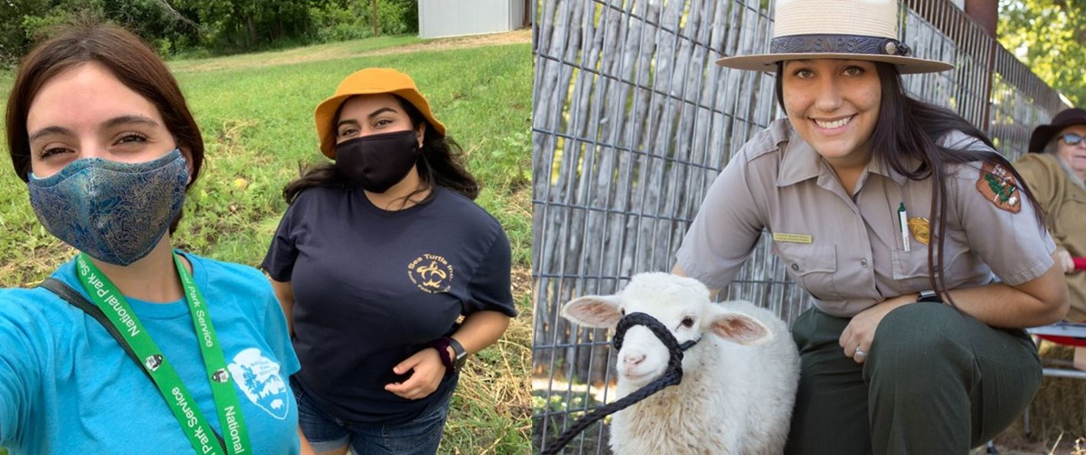 Tanya Helbig and Jazciel Solis taking a selfie, Ranger Chantelle Ruidant-Hansen with a sheep