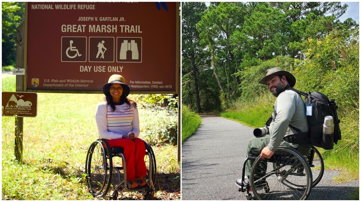 Two people in wheelchairs pose while recreating in the outdoors