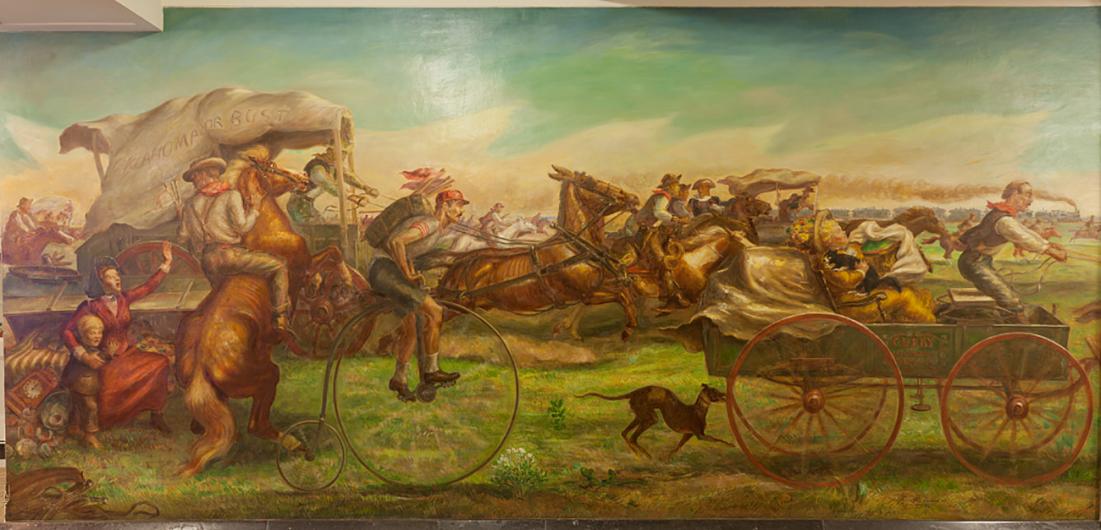 The Oklahoma Land Rush, April 22, 1889 Painted mural of a crowd of people in a land rush employing varying modes of transportation