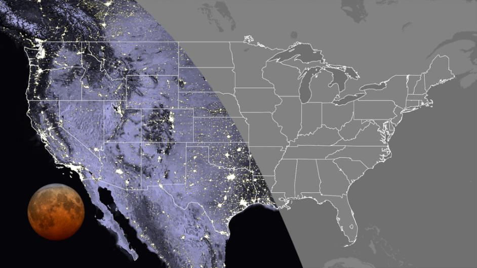 Map courtesy of NASA. Map that highlights the western states for the total lunar eclipse.