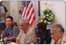 Assistant Secretary for Insular Areas Anthony M. Babauta joins FEMA’s Federal Coordinating Officer Kenneth Tingman and U.S. Congressman from American Samoa Eni Faleomavaega for a briefing with Governor Togiola Tulafono. 