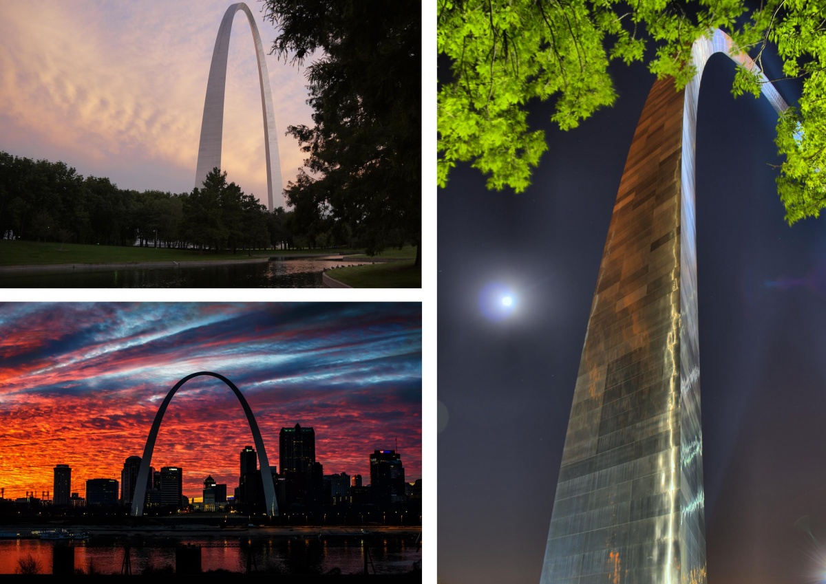 A three photo montage showing the shining metal arch of the Jefferson National Expansion Memorial and the St. Louis skyline at different times of day.