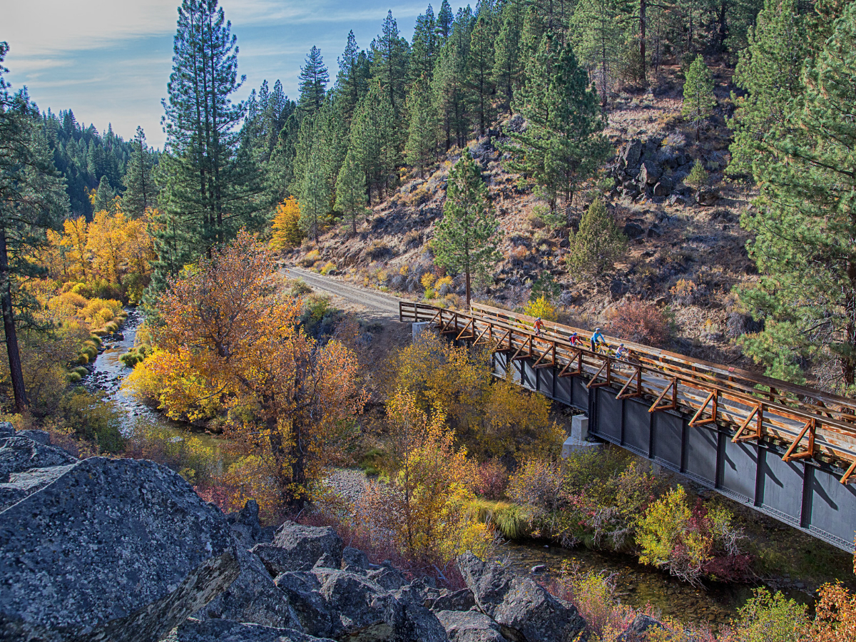 A gravel trail goes over a wooden bridge built over a narrow creek bordered by fall colored trees.