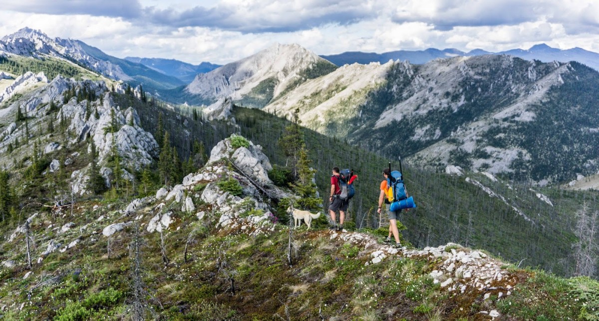 Two hikers and their dog walk along the ridgeline