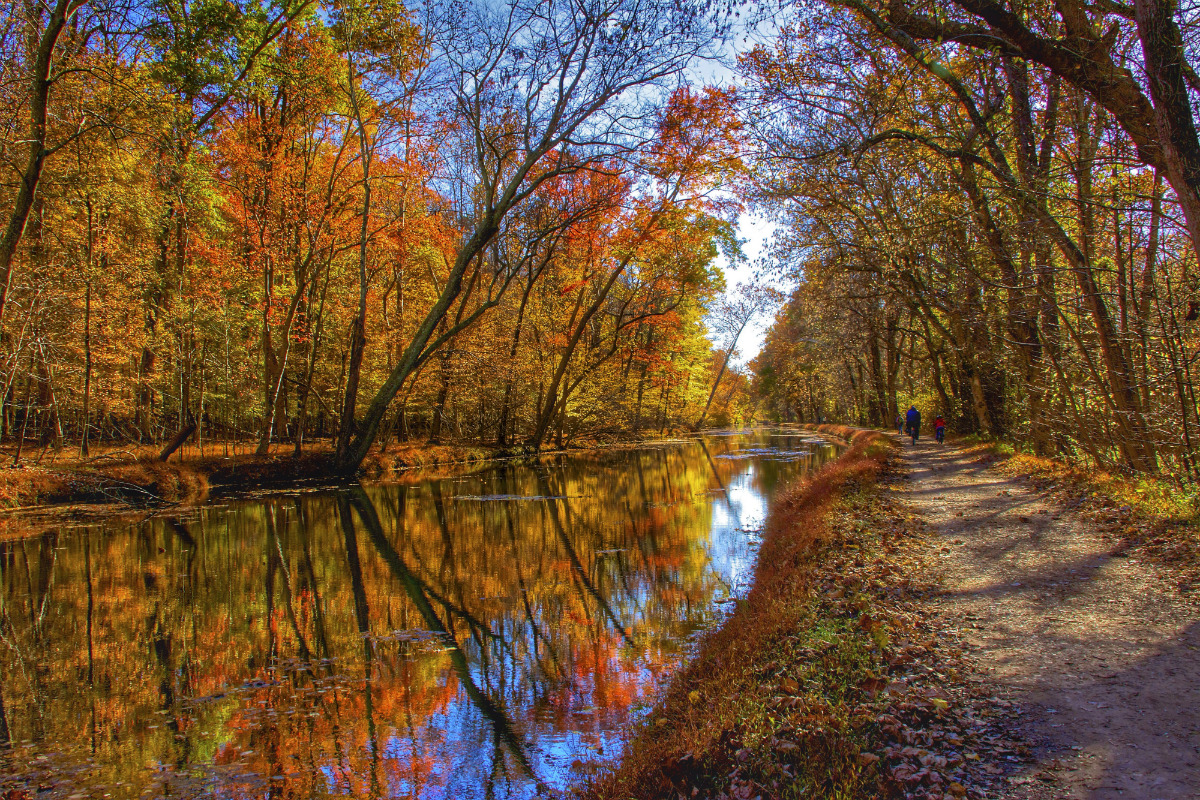 A dirt path runs by a narrow canal filled with calm water and bordered on both sides with trees showing fall colors.