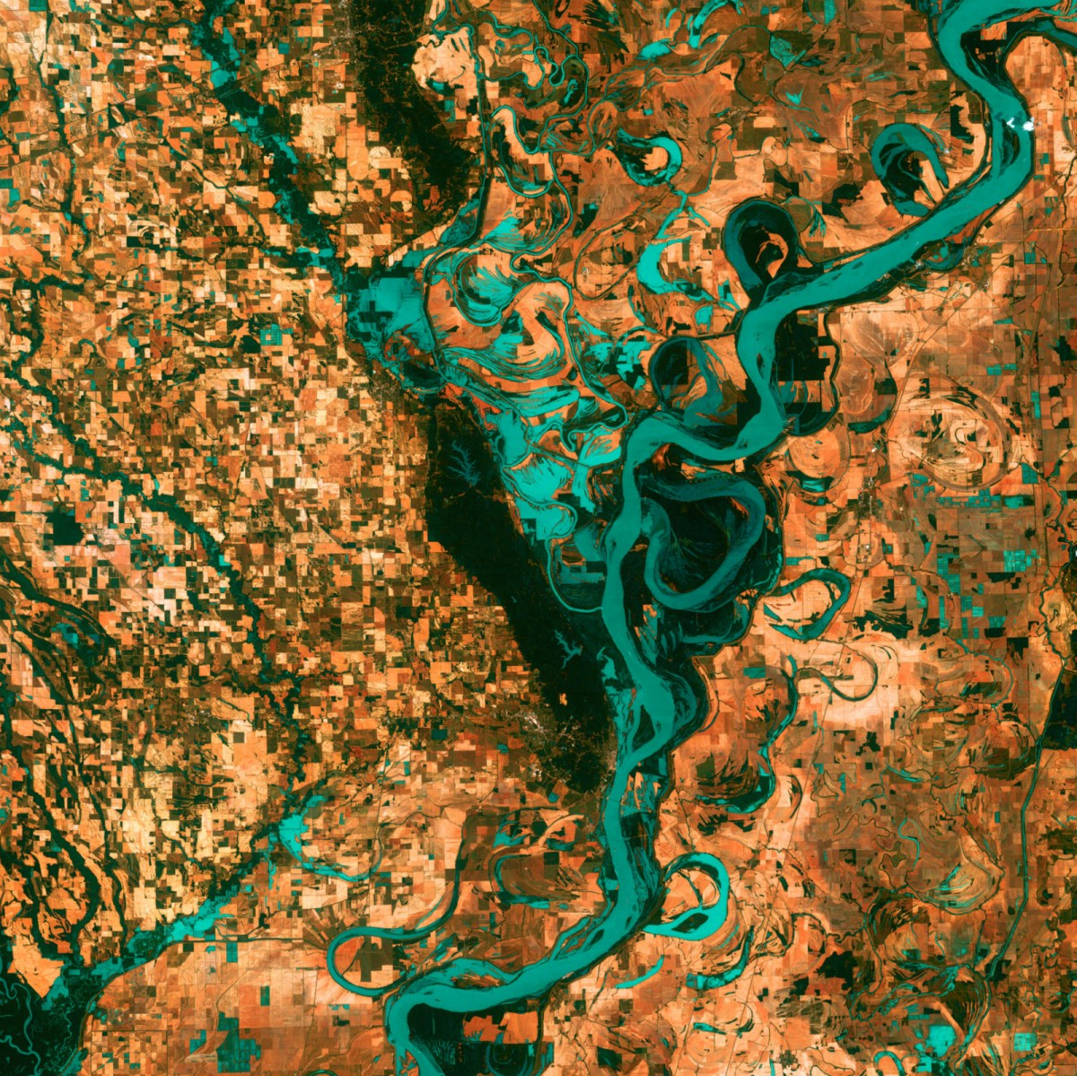Satellite photo looking down on a blue river curving its way across a tan landscape segmented into squares and rectangles.