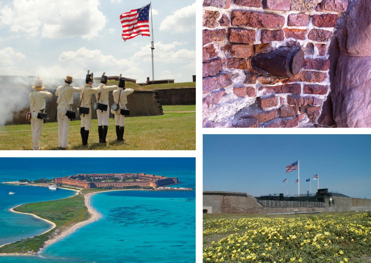 A four photo montage showing men in colonial garb presenting a living history drill at Fort McHenry, the brown brick of Fort Jefferson at Dry Tortugas National Park surrounded by blue water, a Civil War artillery shell in the walls of Fort Sumter and the exterior walls of Fort Sumter.