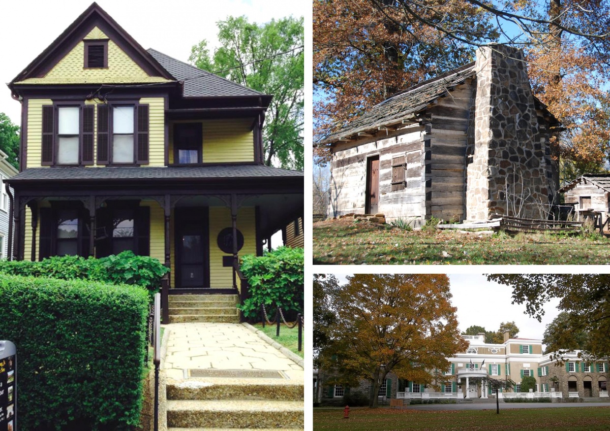 A three photo montage showing the wooden, two story home King home of Martin Luther King Jr., a recreated log cabin at Lincoln Boyhood National Memorial and a large brick mansion at Home of Franklin Delano Roosevelt National Historic Site.
