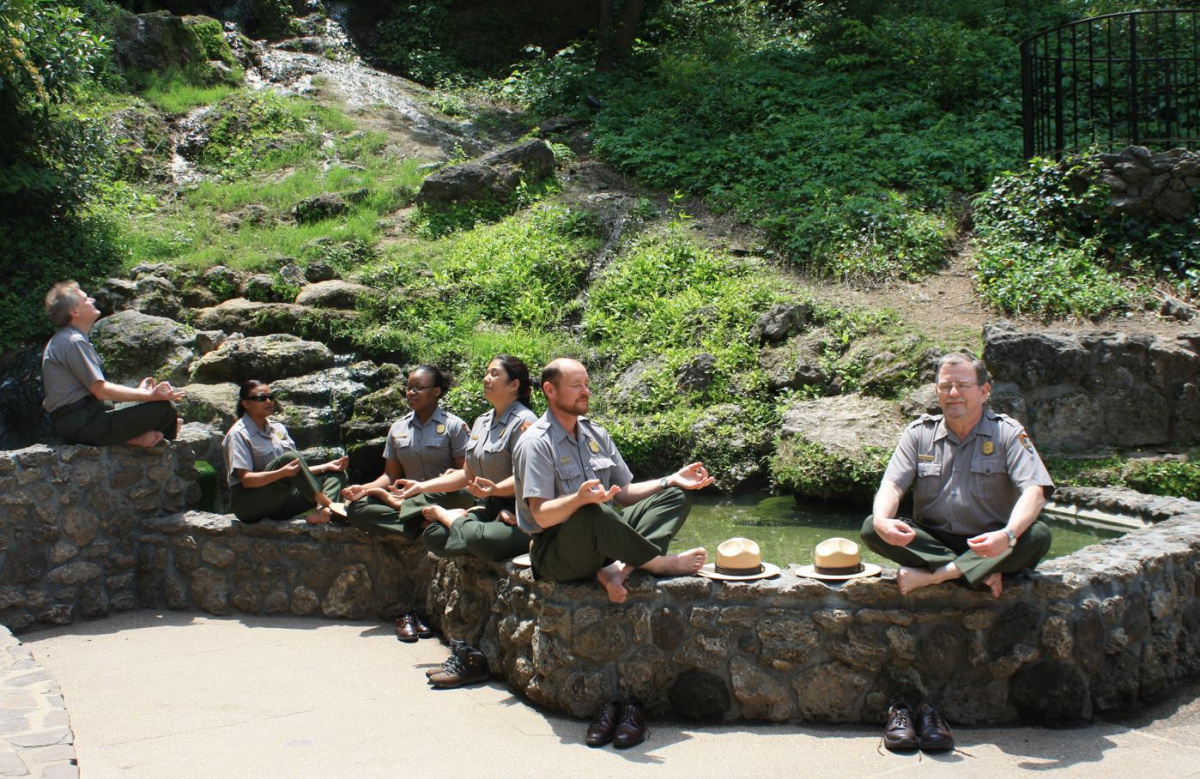 People meditating in the park