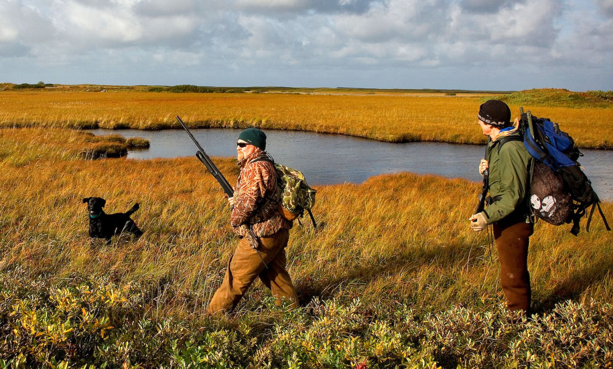 Two men wearing hunting gear and carrying shotguns walk across a grassy plain past a small pond following a dog.