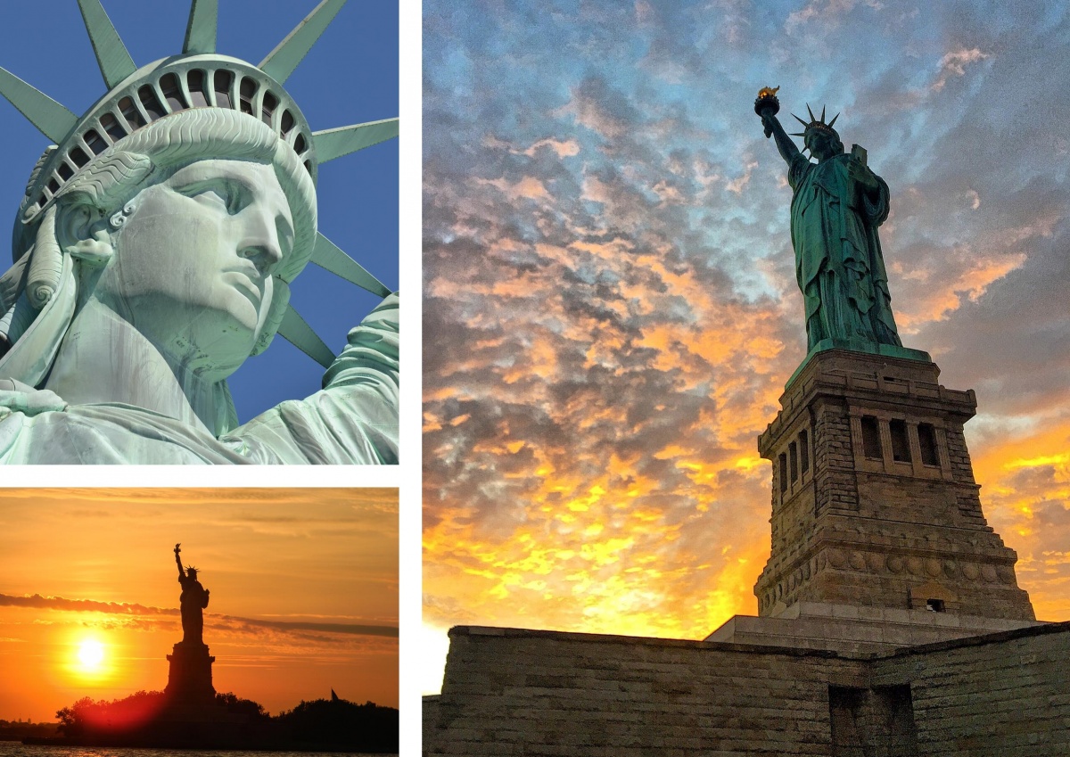 A three photo montage of the Statue of Liberty, a massive metal statue of a woman in a robe holding up a torch and a tablet.