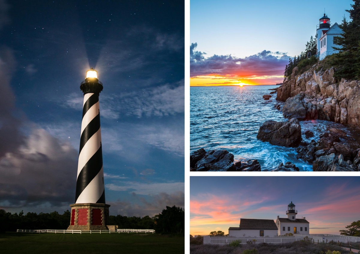 A three photo montage of different lighthouses shining their beacons against a night sky.