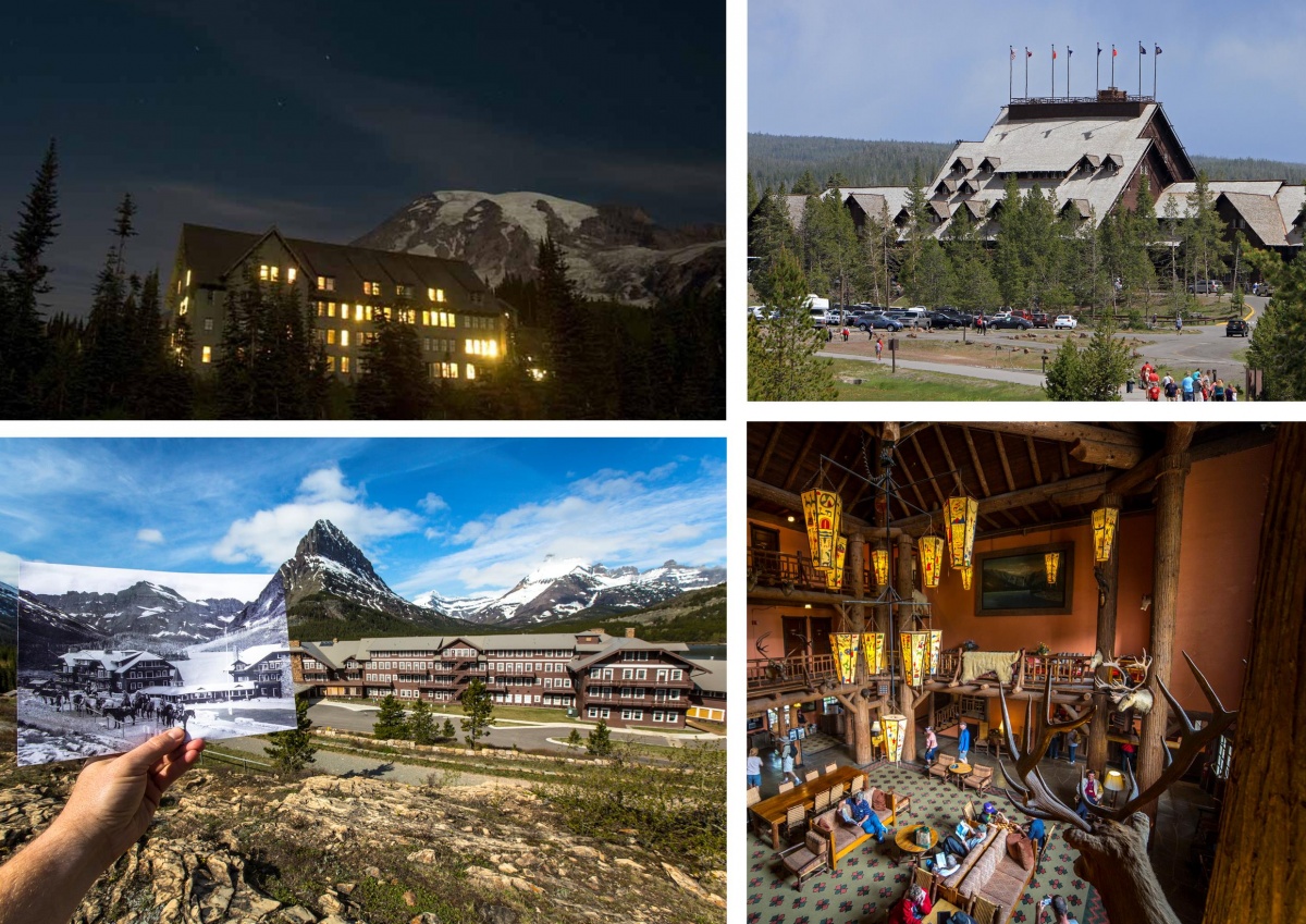 A four photo montage of Paradise Inn at Mount Rainier National Park with window shining against the night sky, a historic picture and modern day Many Glacier Hotel at Glacier National Park, the towering roof of Old Faithful Lodge at Yellowstone National Park and the ornate wood interior of Lake McDonald Lodge at Glacier National Park.