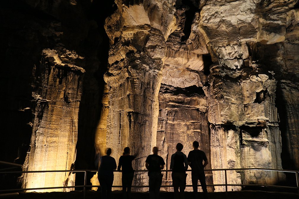 Five visitors gaze at the walls of Mammoth Cave as lights illuminate them.