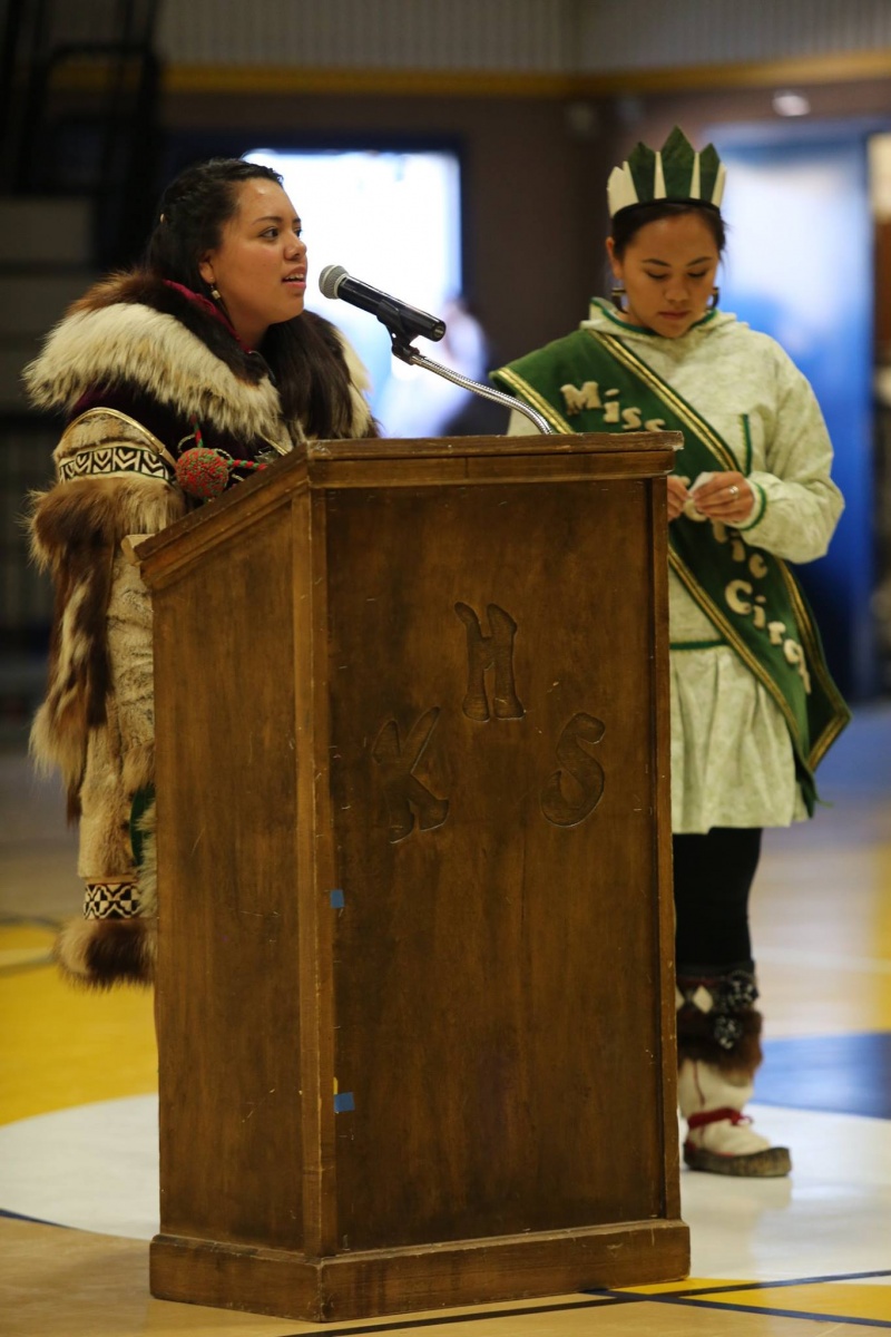 Macy speaking during a Qikiqtagruk Iñupiaq Youth Council event with former Miss Arctic Circle Elizabeth Ferguson, current president of the council. Photo courtesy of Kelli Shroyer.