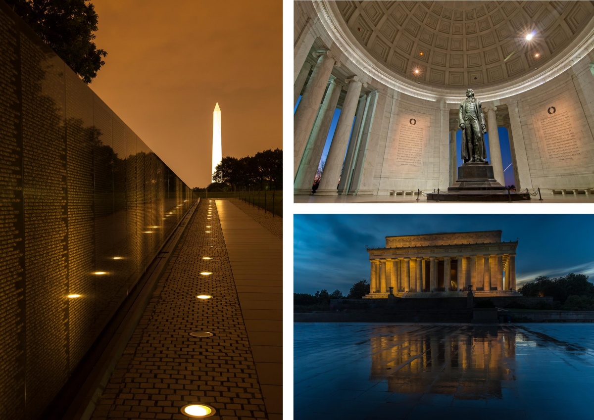A three photo montage including the black walls of the Vietnam Veterans Memorial with the towering obelisk of the Washington Monument in the distance, the interior of the Jefferson Memorial with a tall bronze statue of Thomas Jefferson, and the square Lincoln Memorial lit up at night.