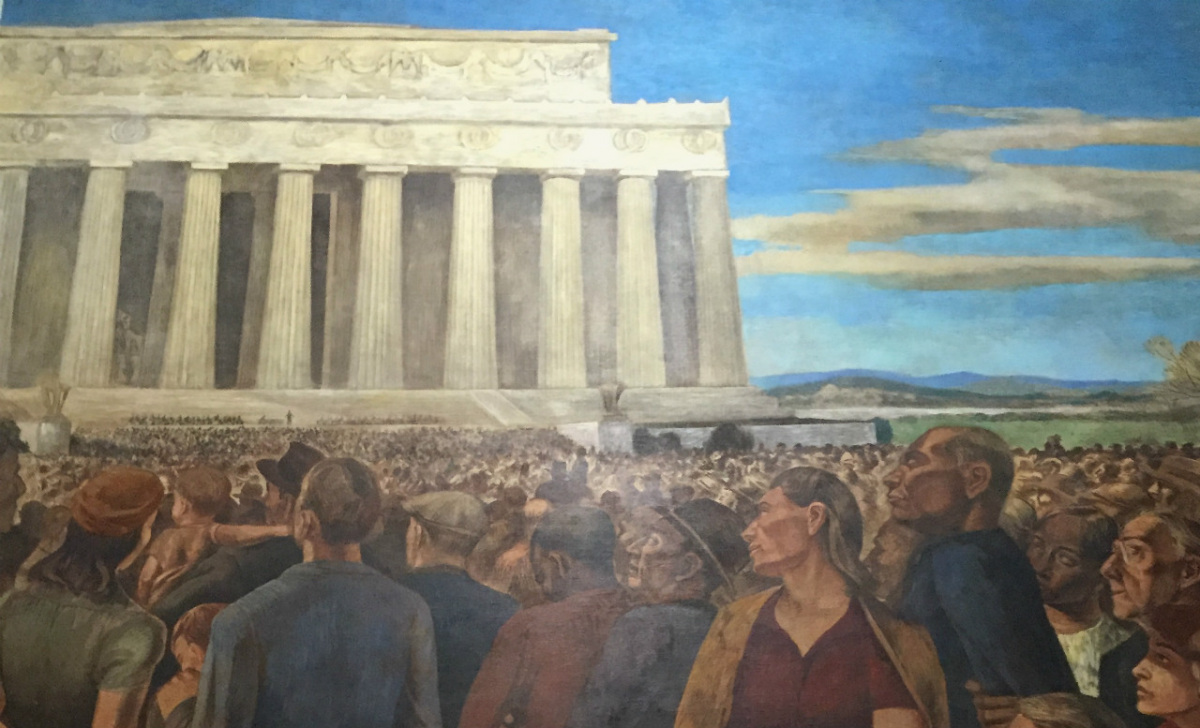A paint shows a crowd of people watching a woman sing on the steps of the Lincoln Memorial.