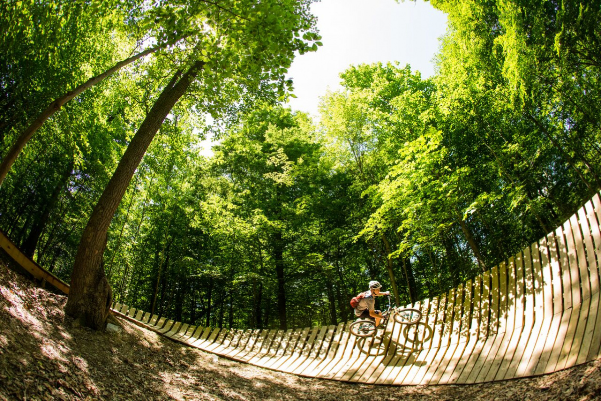 A person on a mountain bike rides down a curved wooden ramp as it runs through a forest.