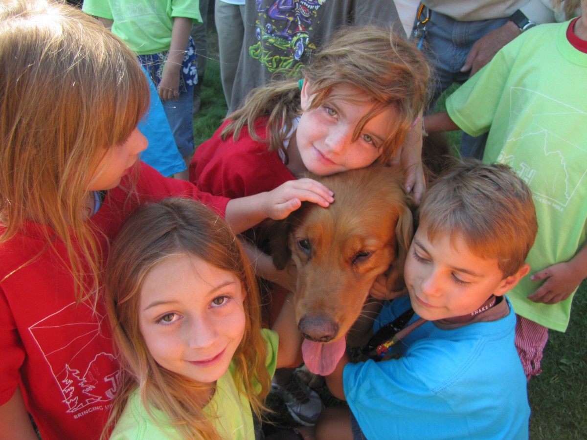 A group of caucasian children hug a large brown dog.