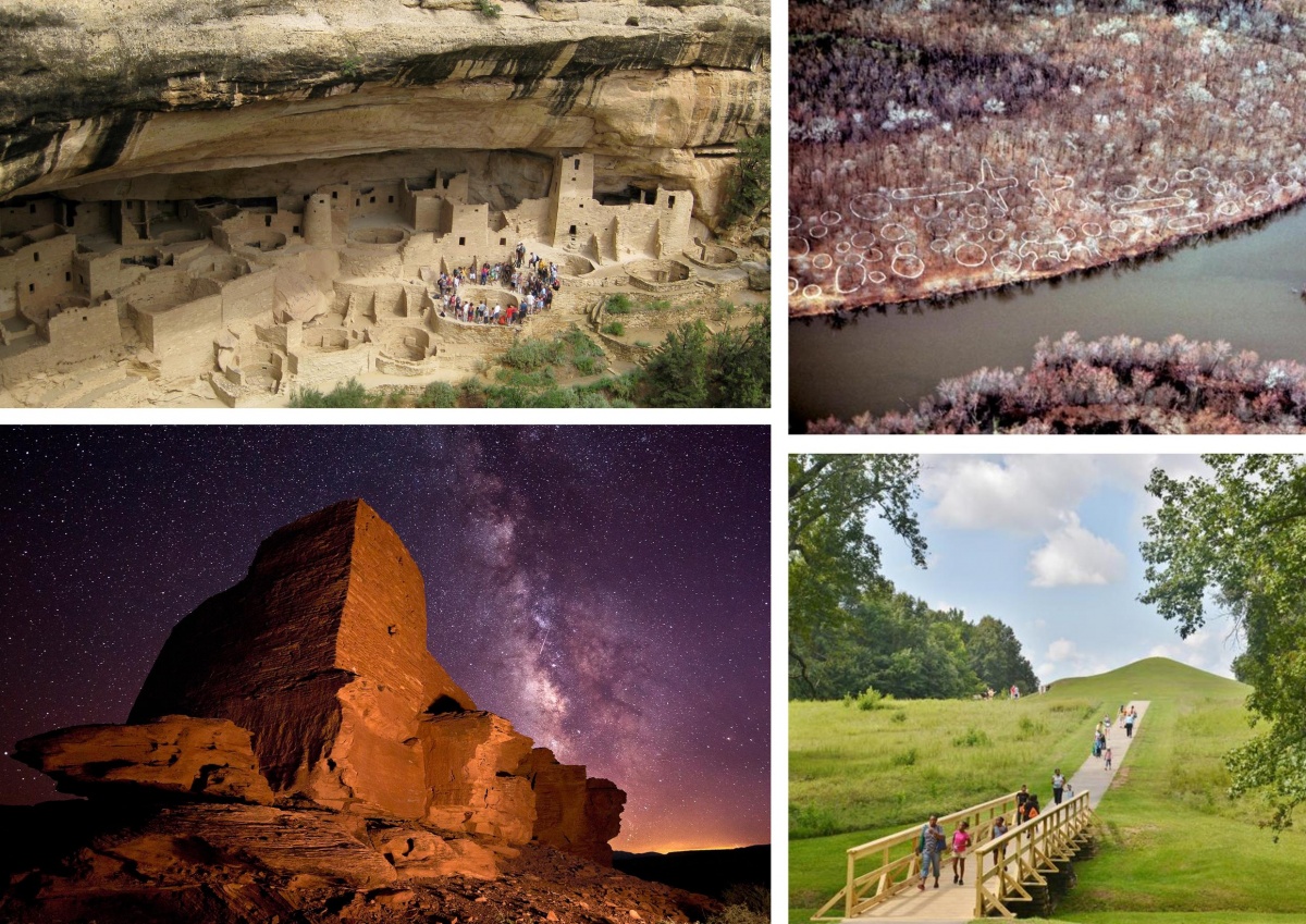 A four photo montage including a small brick village built into a cliff overhang at Mesa Verde National Park, the remains of a large brick building at Wupatki National Monument under a starry night sky, an aerial view of animal shaped earth mounds by a river in Effigy Mounds National Monument and a walkway leading to a large grassy mound at Ocmulgee National Monument.