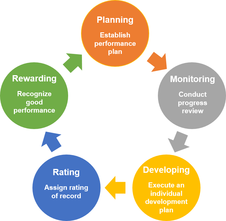 Five circles arranged in a circle, with arrows from one circle to the next in a clockwise direction.  Each circle includes text for one of the five parts of the performance management process (starting from the top circle moving clockwise): "Planning: Establish performance plan"; "Monitoring: Conduct progress review"; "Developing: Execute an individual development plan"; "Rating: Assign rating of record"; "Rewarding: Recognize good performance".