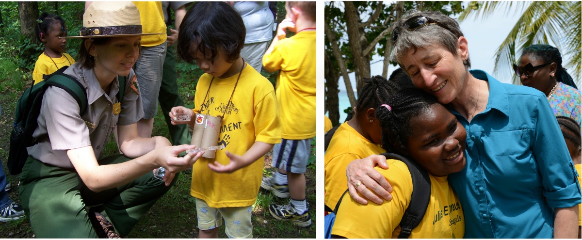 A park ranger with junior rangers outside, and Sally Jewell hugs a young girl