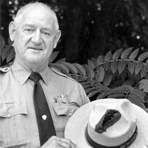 Black and white photo of Roy Sullivan with ranger hat.