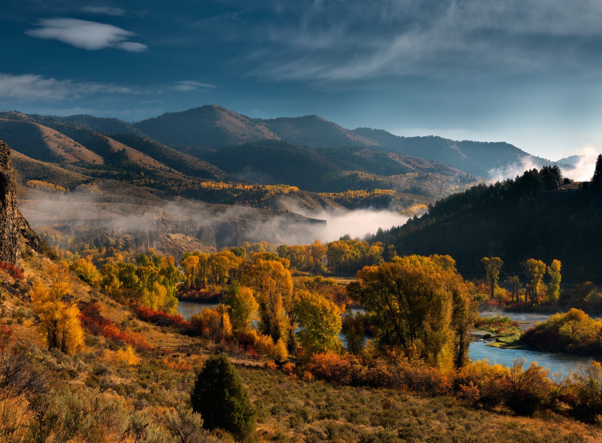Trees showing bright fall colors grow along a river as it curves between grassy hills on a foggy morning.